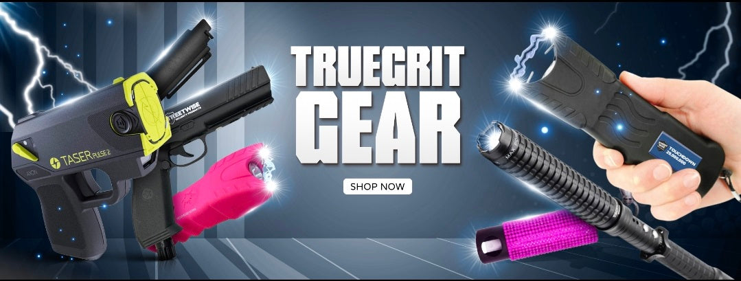 Man and woman holding tactical stun guns and pepper spray for personal safety