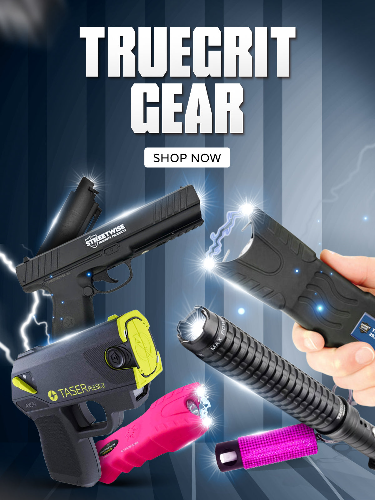 Man and woman holding tactical stun guns and pepper spray for personal safety